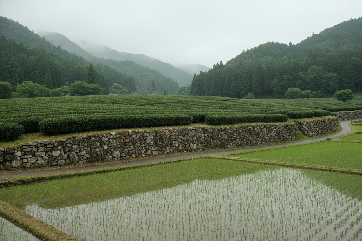 茶畑の際の石垣と夏の霧