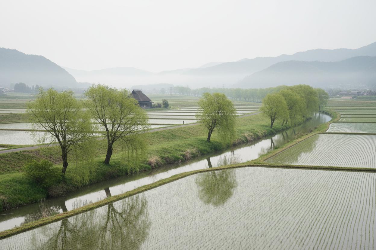 川岸の堤防と春の柳